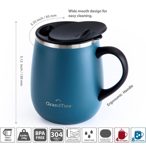 GrandTies | 16oz Insulated Coffee Mug with Sliding Lid | Stylish