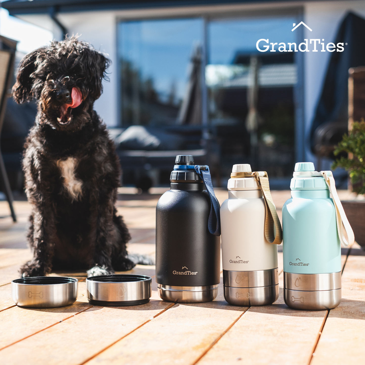 Insulated Stainless Steel Water Bottle with Two Detachable Bowls for Dogs and Pets| 32oz/950ml - GrandTies