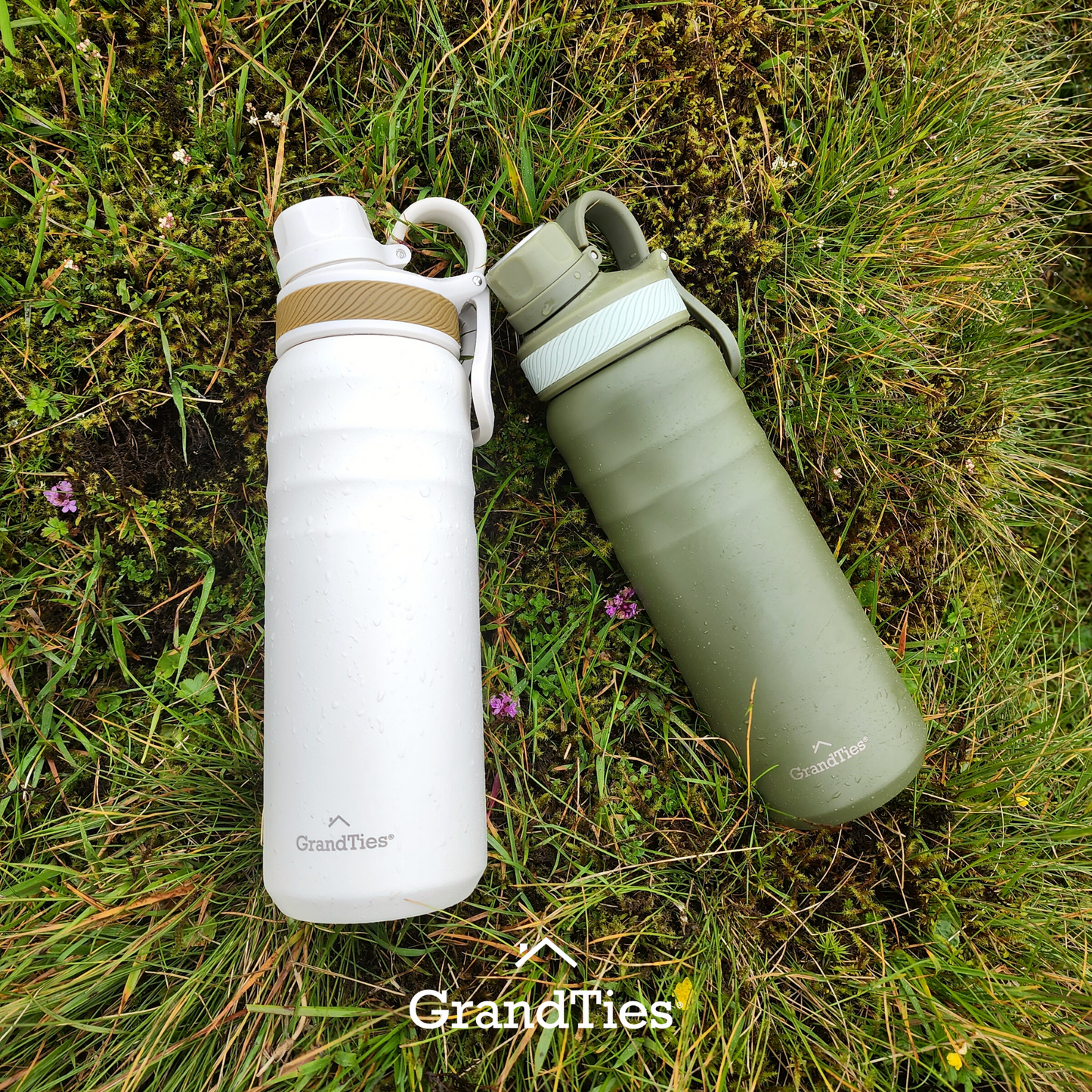 Insulated Travel Water Bottle with Two Handle Lids | 24oz/709ml - Olive Green - Grandties
