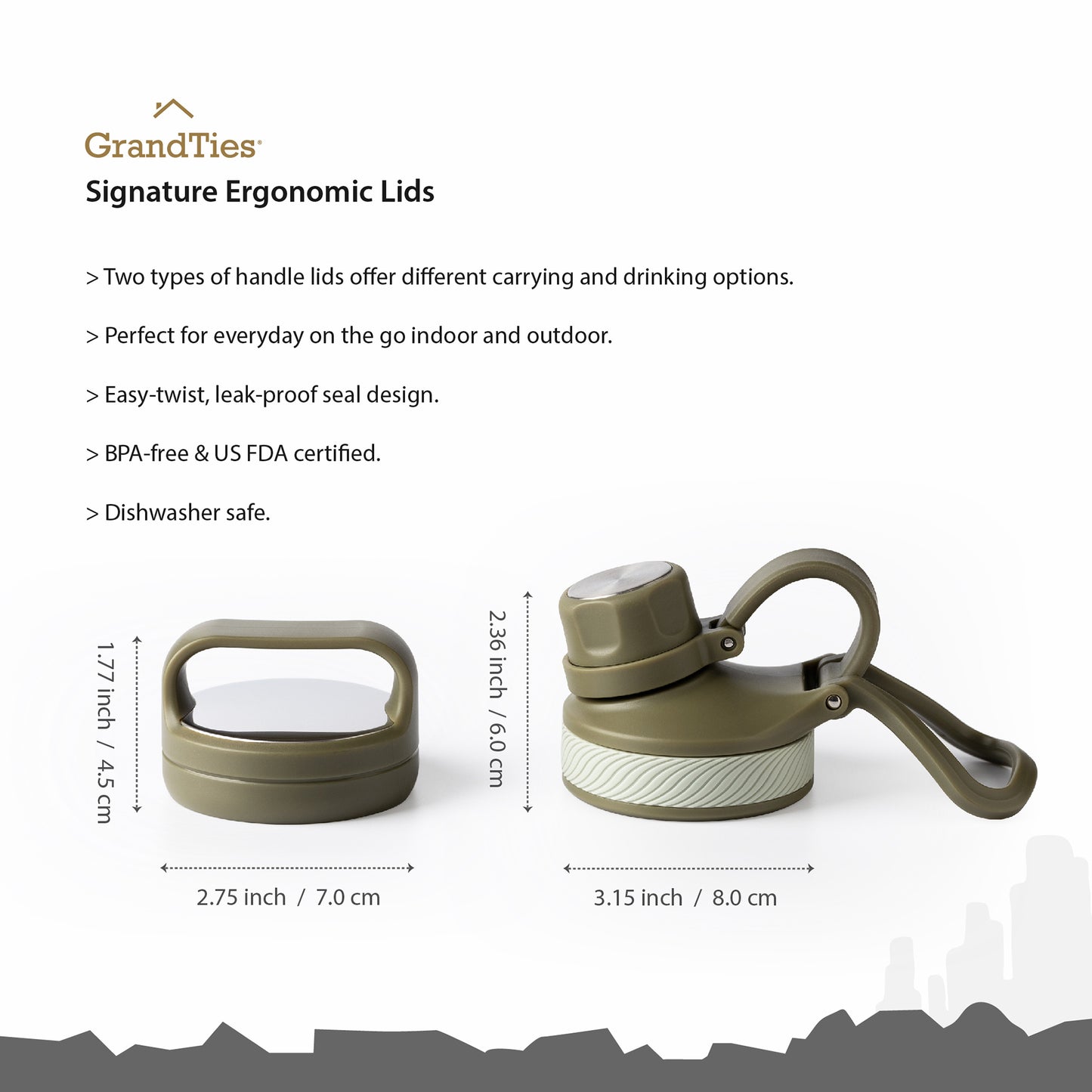 Insulated Travel Water Bottle with Two Handle Lids | 24oz/709ml - Olive Green - Grandties