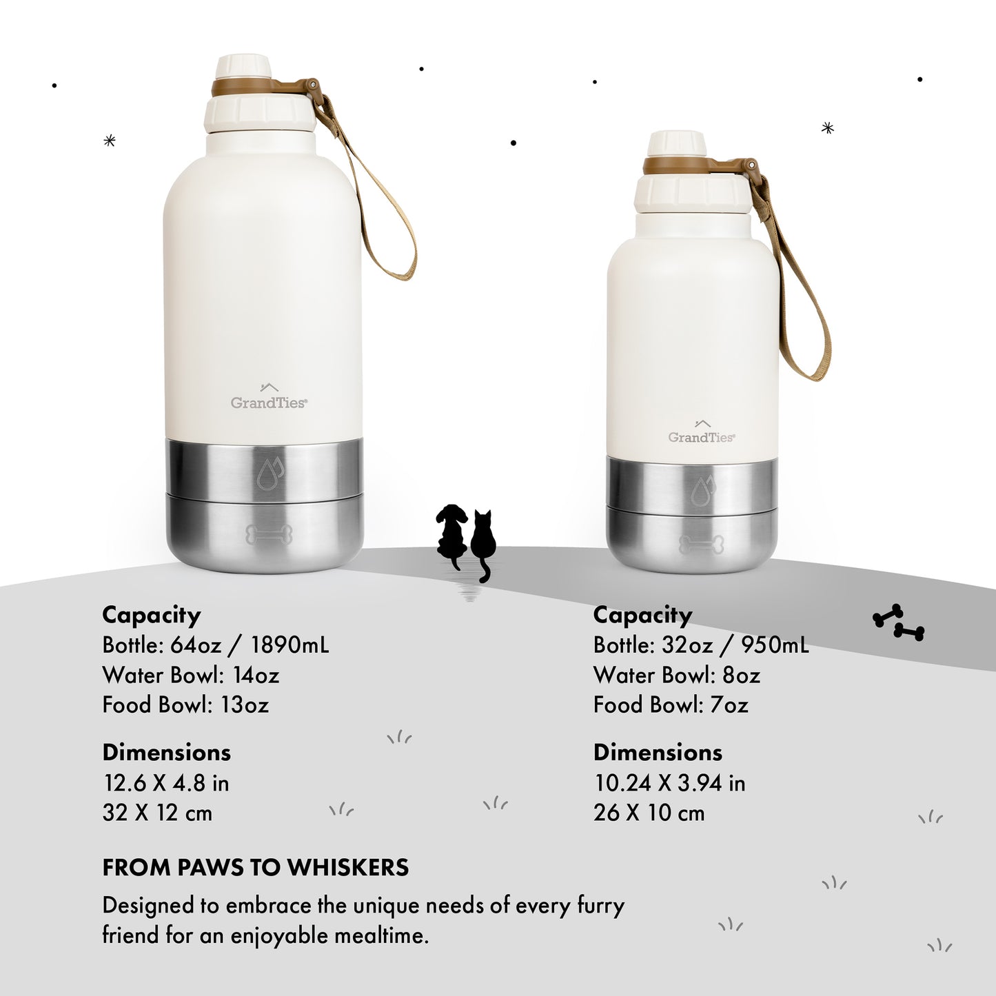 Insulated Stainless Steel Water Bottle with Two Detachable Bowls for Dogs and Pets| 32oz/950ml - GrandTies