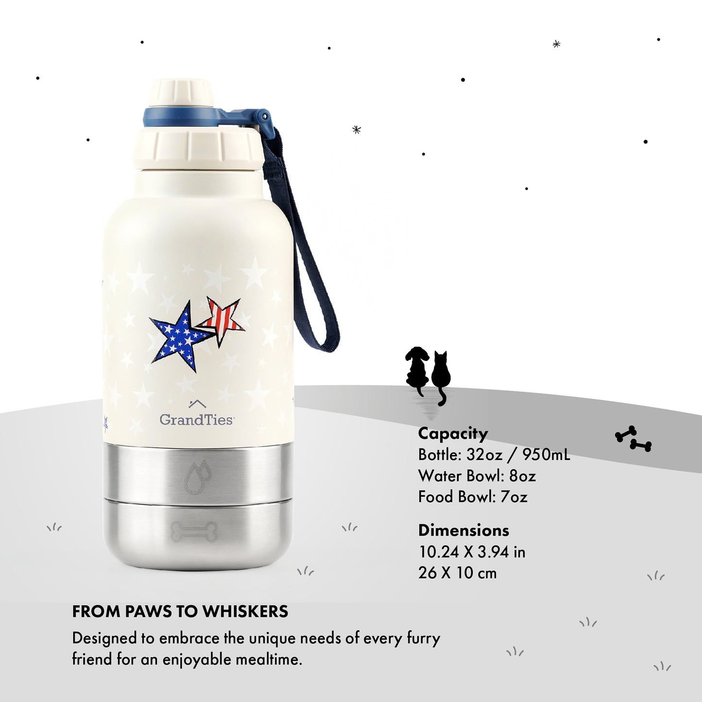 Insulated Dog Water Bottle with Bowls, Two Detachable Bowls for Dogs and Pets, Stainless Steel | 32oz/950ml - Grandties