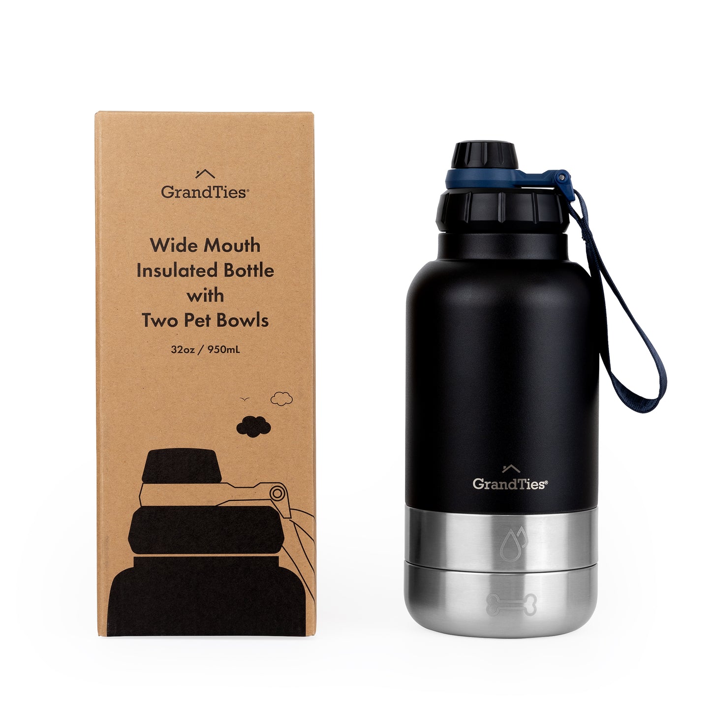 Insulated Stainless Steel Water Bottle with Two Detachable Bowls for Dogs and Pets| 32oz/950ml - GrandTies