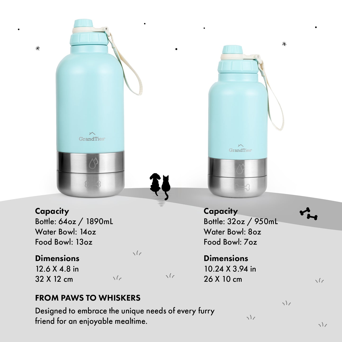 Insulated Stainless Steel Water Bottle with Two Detachable Bowls for Dogs and Pets| 32oz/950ml - GrandTies