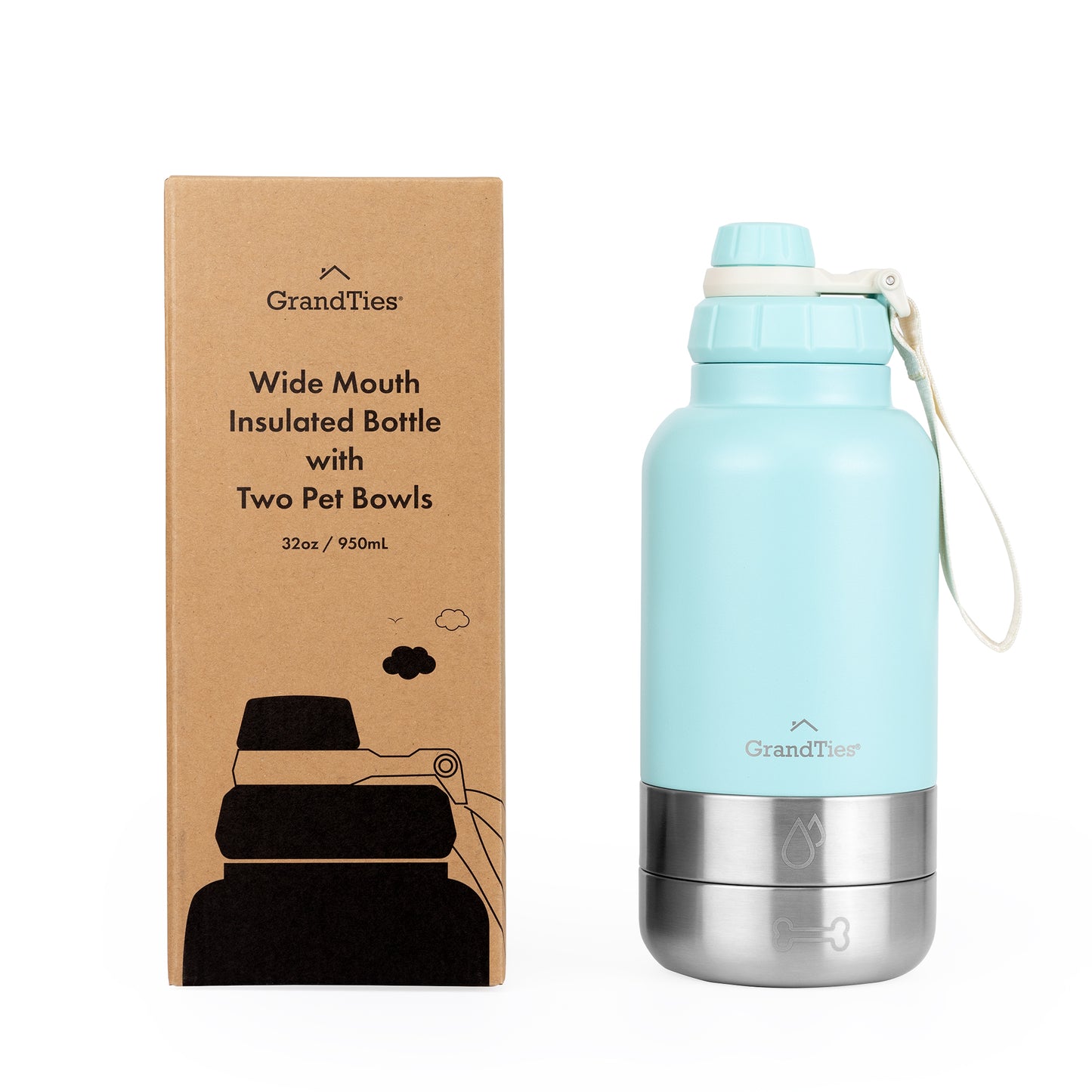 Insulated Stainless Steel Water Bottle with Two Detachable Bowls for Dogs and Pets| 32oz/950ml - GrandTies