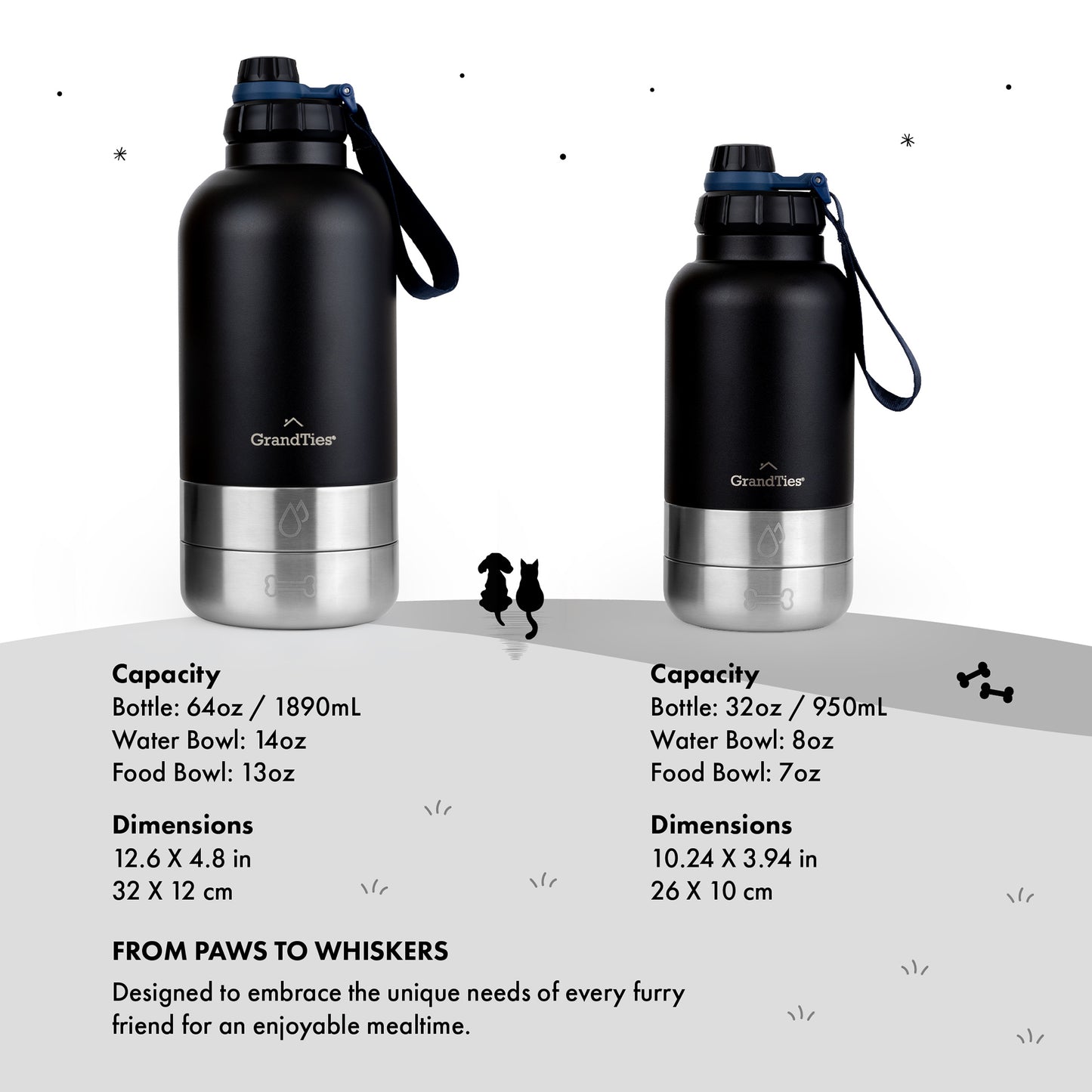 Insulated Stainless Steel Water Bottle with Two Detachable Bowls for Dogs and Pets| 64oz/1890ml - GrandTies
