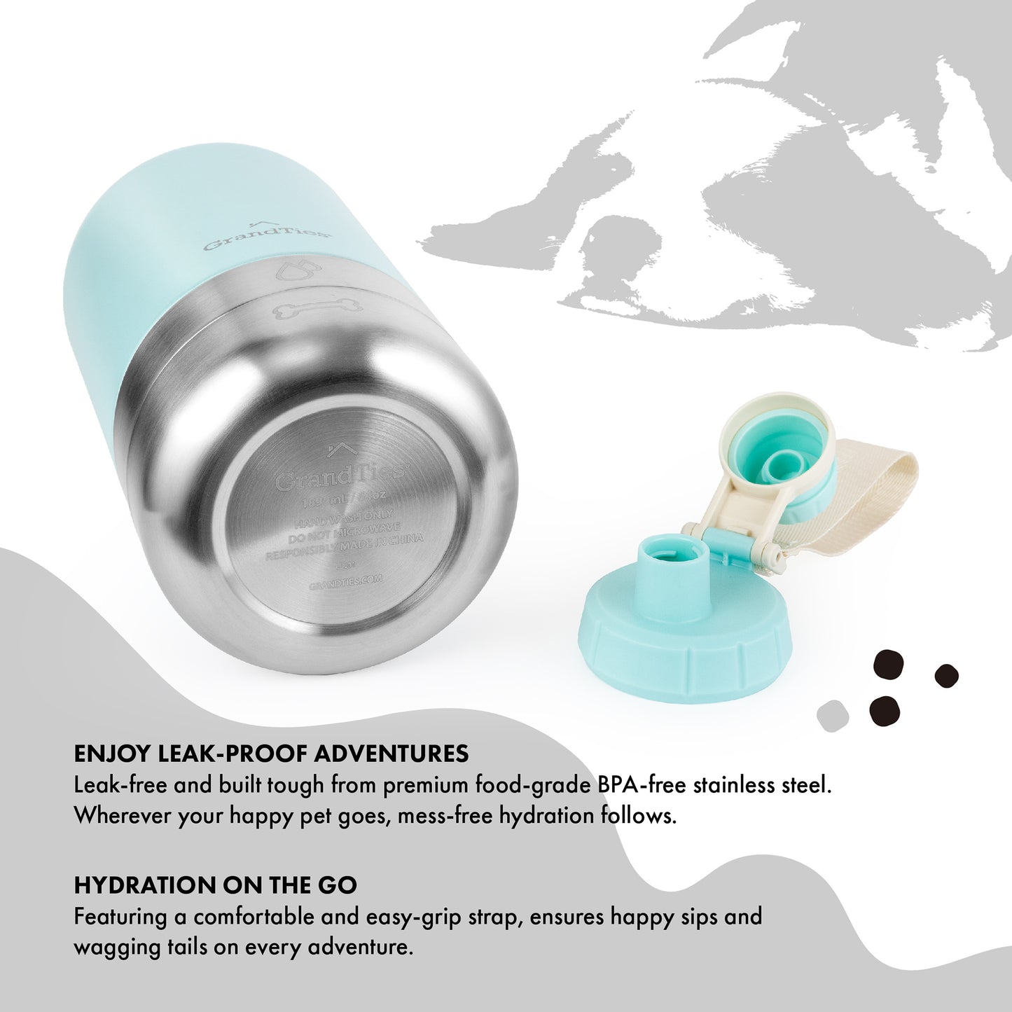 Insulated Stainless Steel Water Bottle with Two Detachable Bowls for Dogs and Pets| 64oz/1890ml - GrandTies