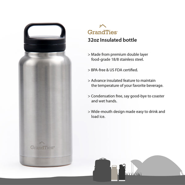 GrandTies 32 oz. Ivory White Travel Water Bottle - Wide Mouth Vacuum Insulated Water Bottle with 2-Style Lids