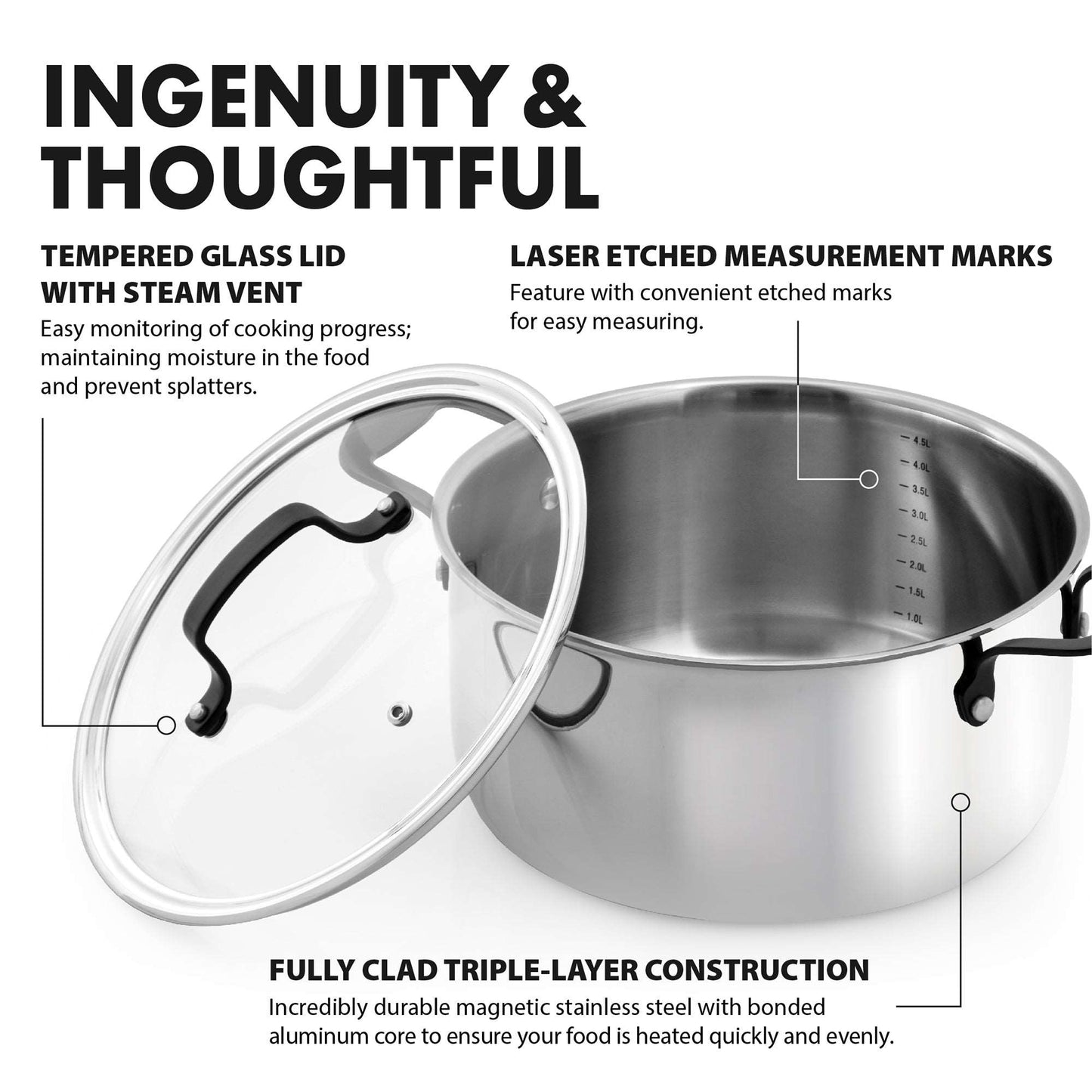 The Marquina Collection Full-Clad Tri-Ply Stainless Steel Casserole Pot - 5 Quart - GrandTies