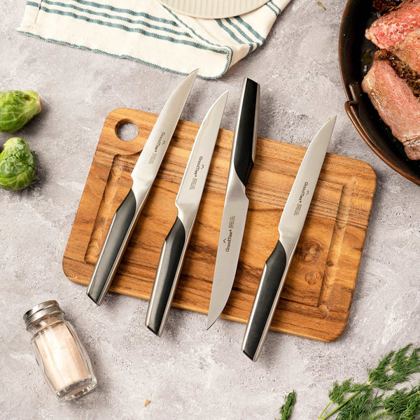  lief + svein German Steel Steak Knife Set. 6 Pc Steak knives  with block. Premium 1.4116 Stainless Steel Knives with highly polished  handles. Sharp serrated steak knives set of 6. Best
