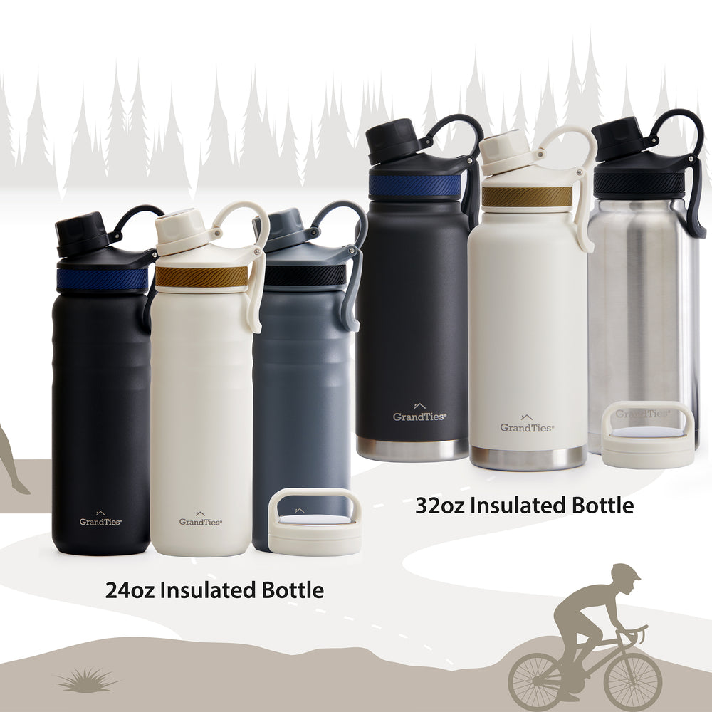 New Insulated Travel Water Bottle collection with Two Stylish Ergonomic Handle Lids 32oz/24oz