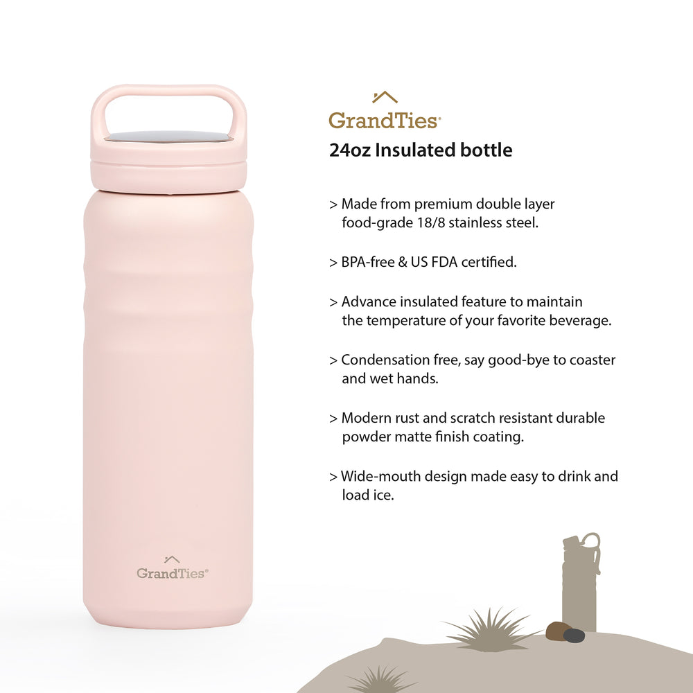 Insulated Travel Water Bottle with Two Handle Lids | 24oz/709ml - Peach Creme