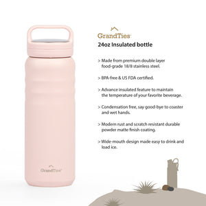 Insulated Travel Water Bottle with Two Handle Lids | 24oz/709ml - Peach Creme
