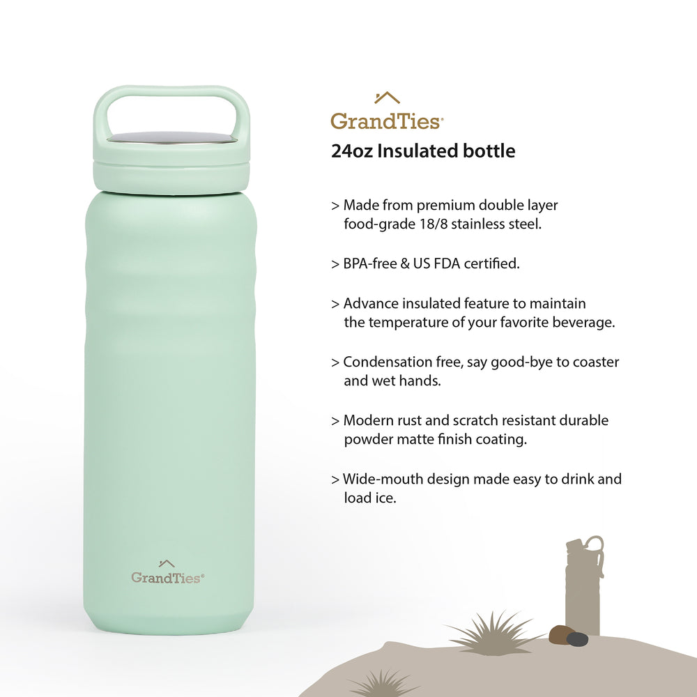 Insulated Travel Water Bottle with Two Handle Lids | 24oz/709ml - Serene Sage - Grandties