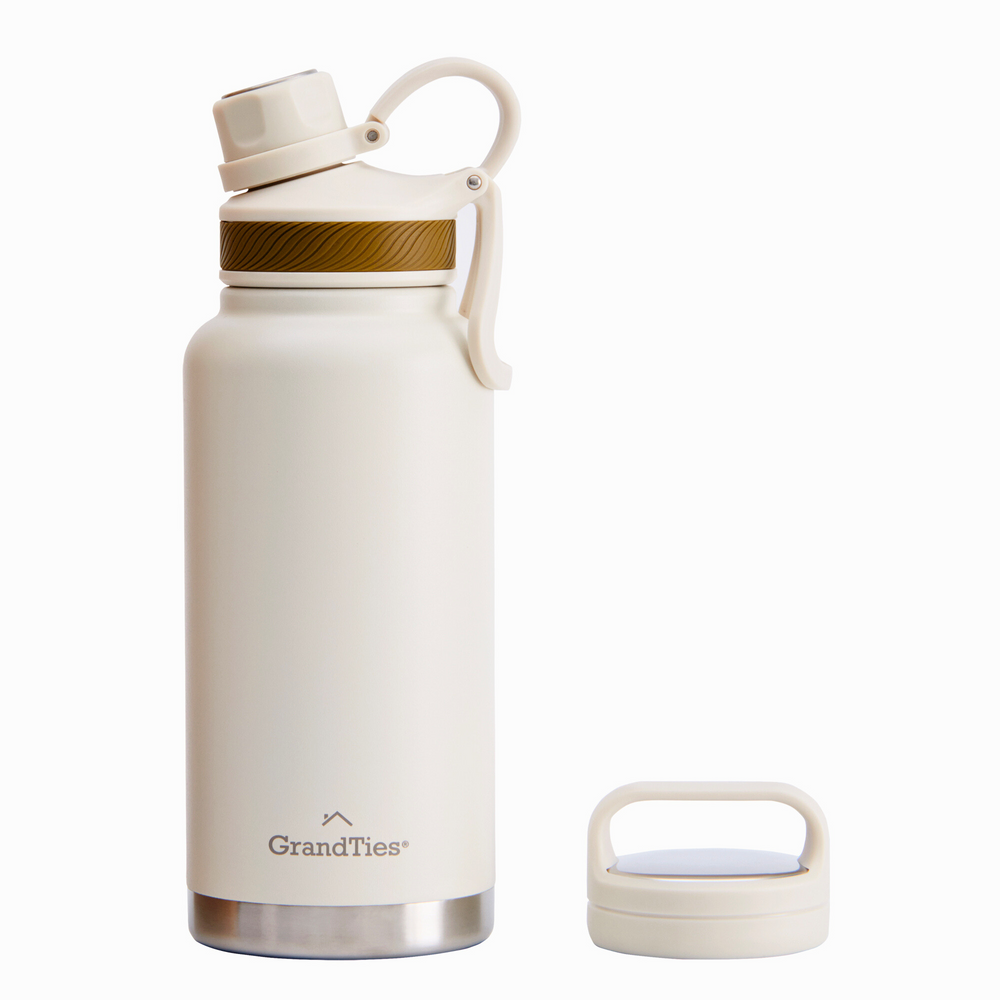 Insulated Travel Water Bottle with Two Handle Lids | 32oz/946ml - Ivory White - Grandties