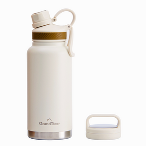 GrandTies 32 oz. Ivory White Travel Water Bottle - Wide Mouth Vacuum Insulated Water Bottle with 2-Style Lids