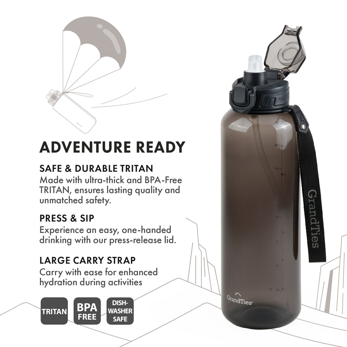 GRANDTIES Sports Tritan Plastic Water Bottle with Straw, Removable – Leakproof BPA Free Dishwasher Safe Travel Water Bottle with Strap for Gym