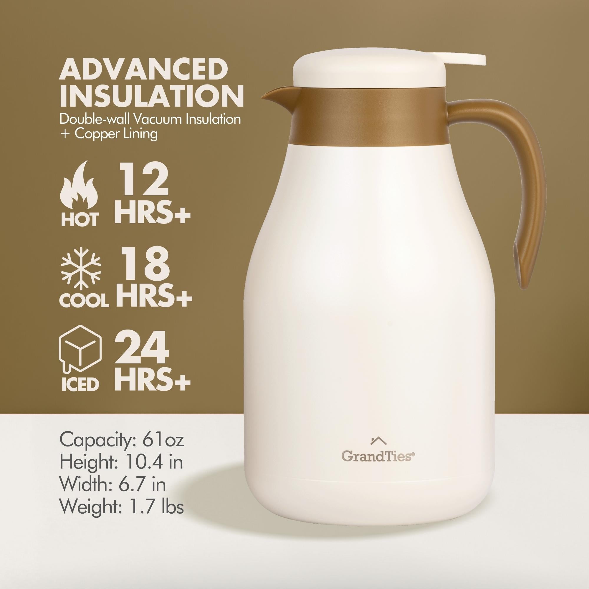GrandTies | Insulated Stainless Steel Thermal Coffee Carafe | 61oz