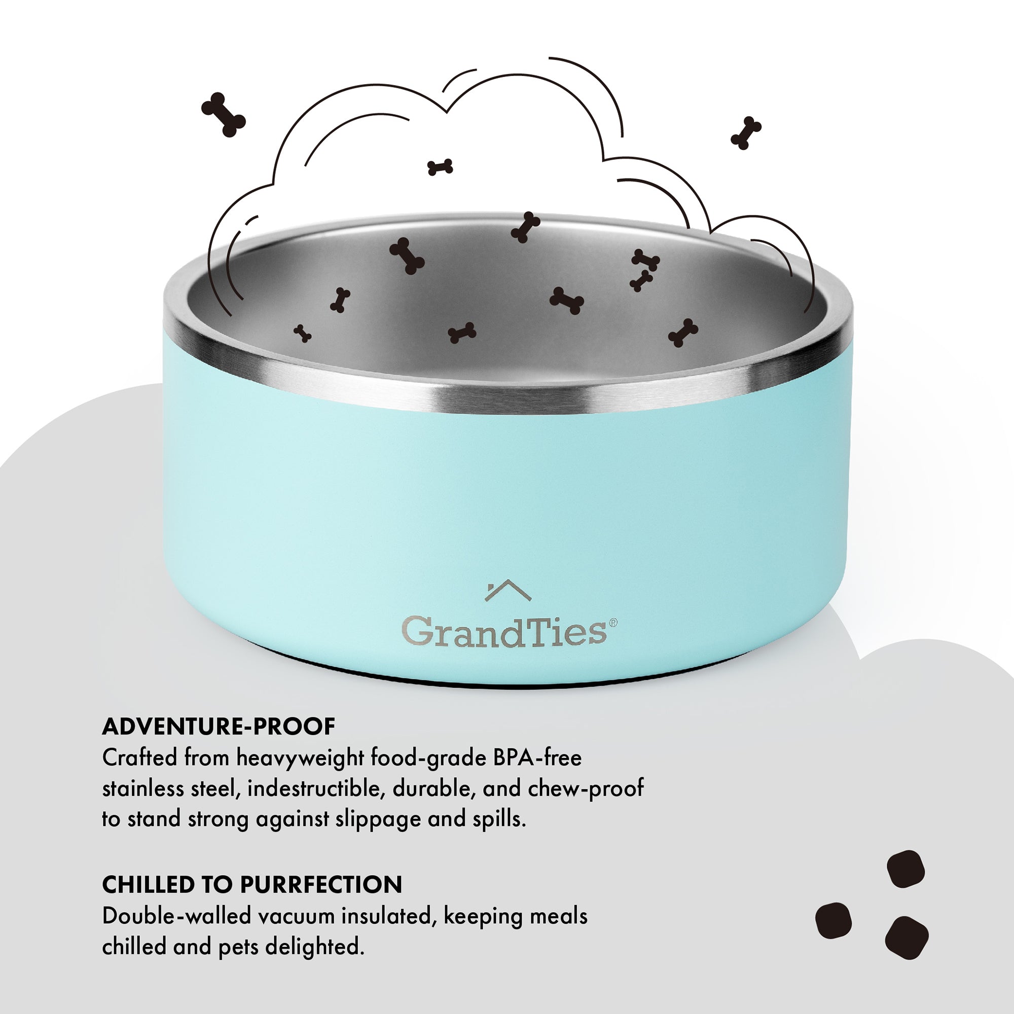 GrandTies | 64oz Bone Appetite Insulated Pet Bowl (Stainless Steel)