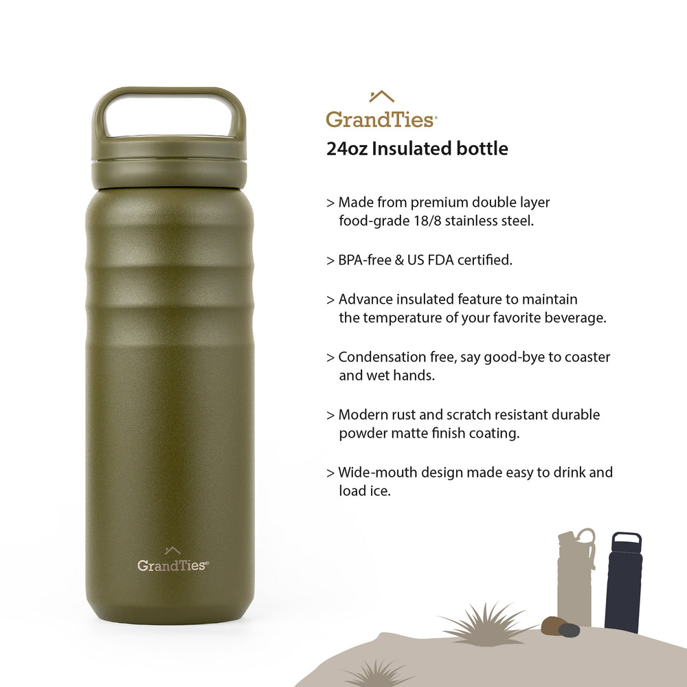 Insulated Travel Water Bottle with Two Handle Lids | 24oz/709ml - Olive Green - Grandties