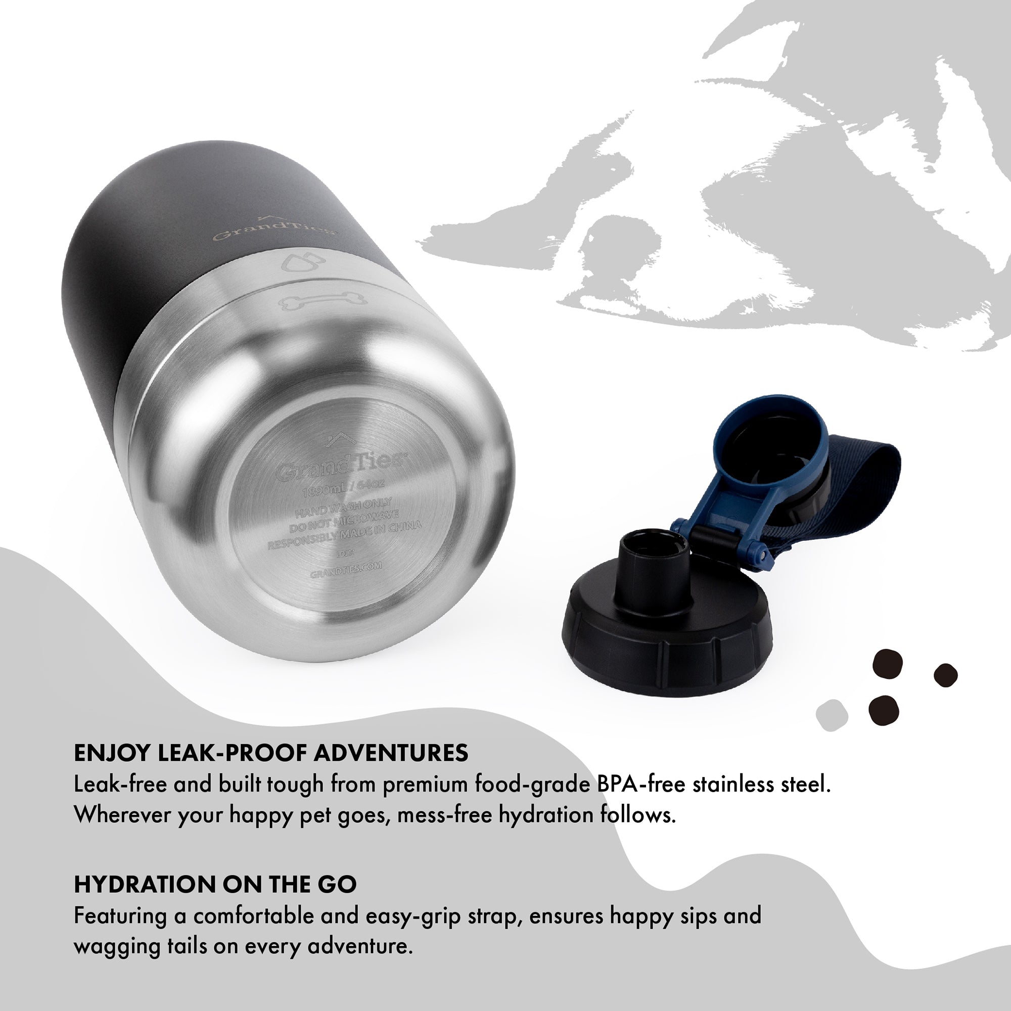 GrandTies | 64oz Insulated Dog Water Bottle with Bowls, 2