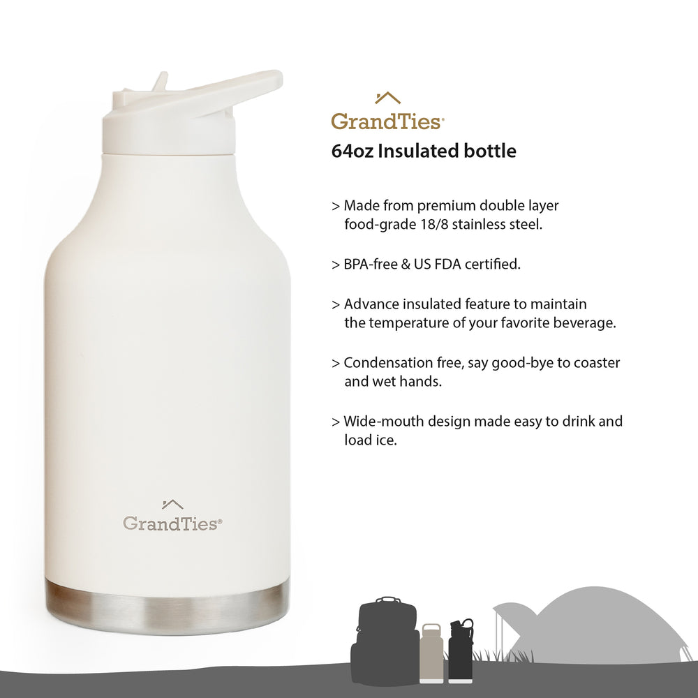 Insulated Travel Water Bottle with Two Handle Lids | 64oz/1890ml - Ivory White - Grandties