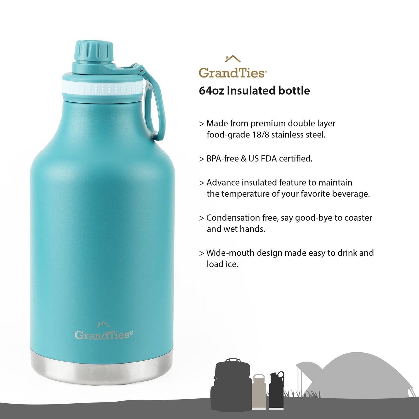 Insulated Travel Water Bottle with Two Handle Lids | 64oz/1890ml - Grandties