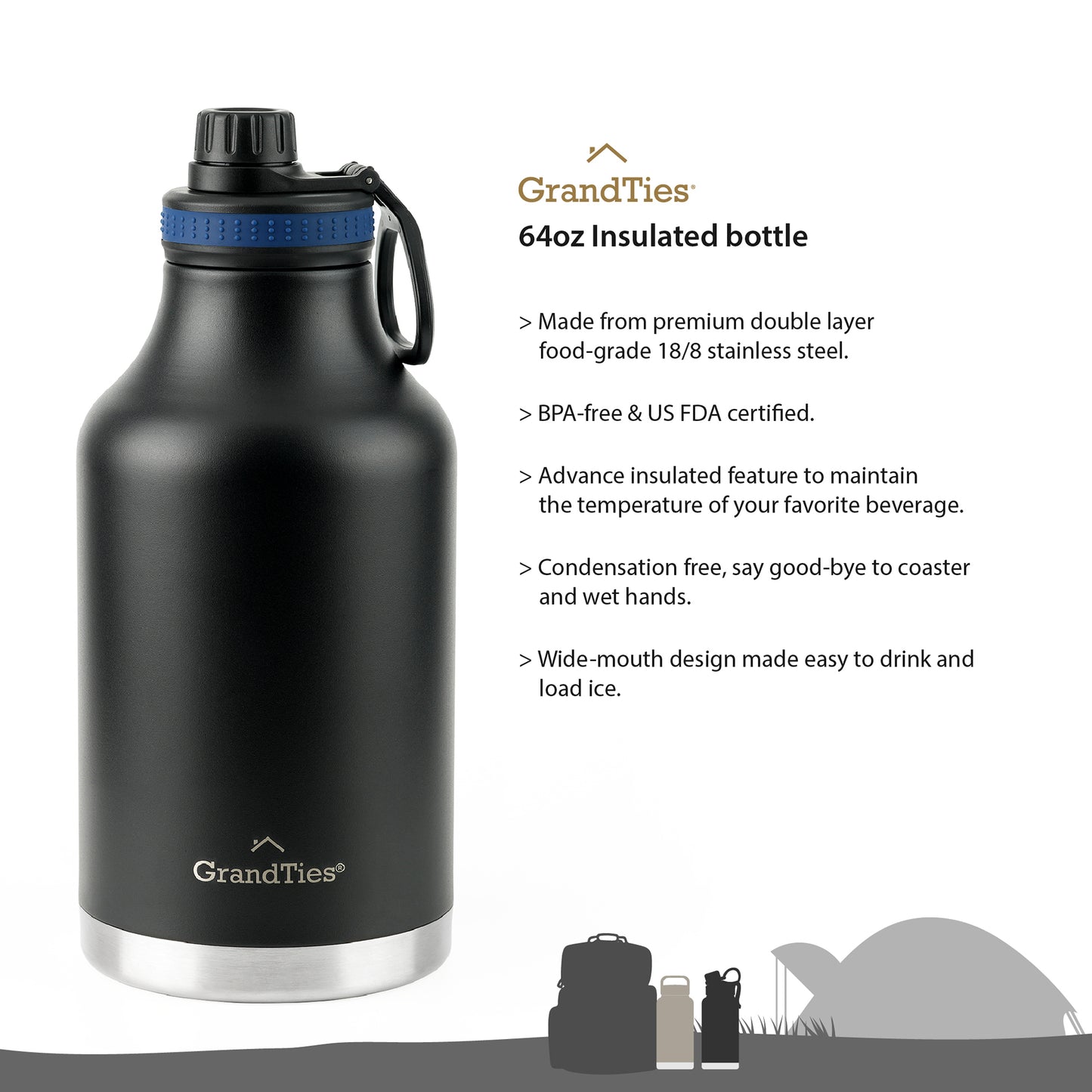 Insulated Travel Water Bottle with Two Handle Lids | 64oz/1890ml - Grandties