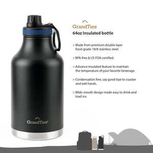 Insulated Travel Water Bottle with Two Handle Lids | 64oz/1890ml