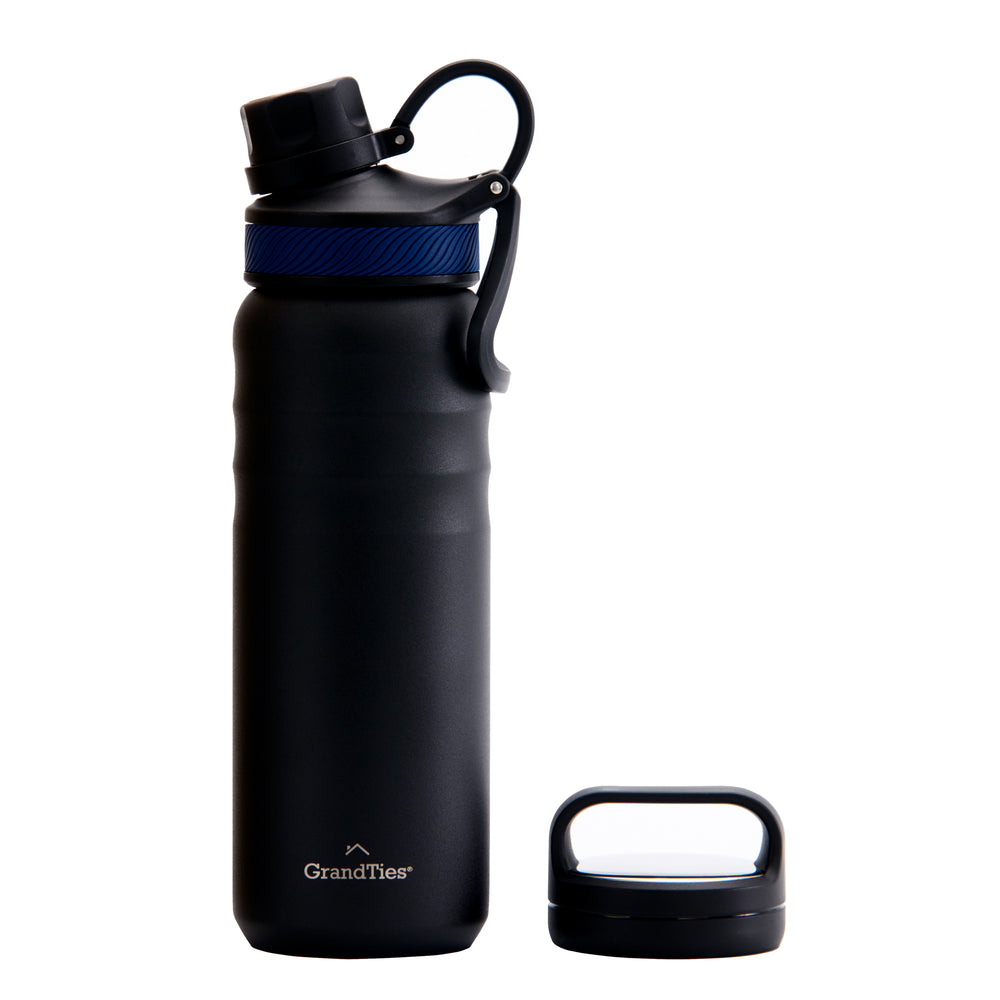 Insulated Travel Water Bottle with Two Stylish Ergonomic Handle Lids 24oz/709ml - Midnight Black - GrandTies