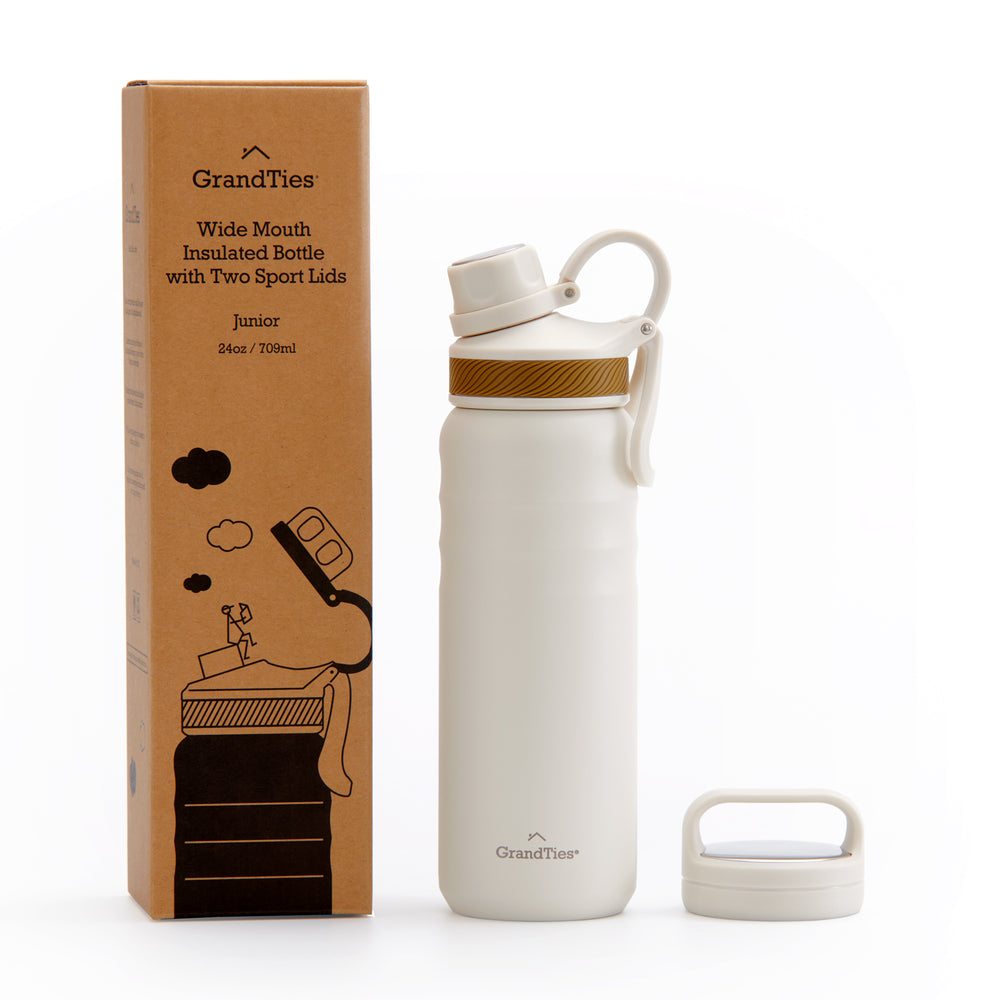 Insulated Travel Water Bottle with Two Stylish Ergonomic Handle Lids 24oz/709ml - Ivory White - GrandTies