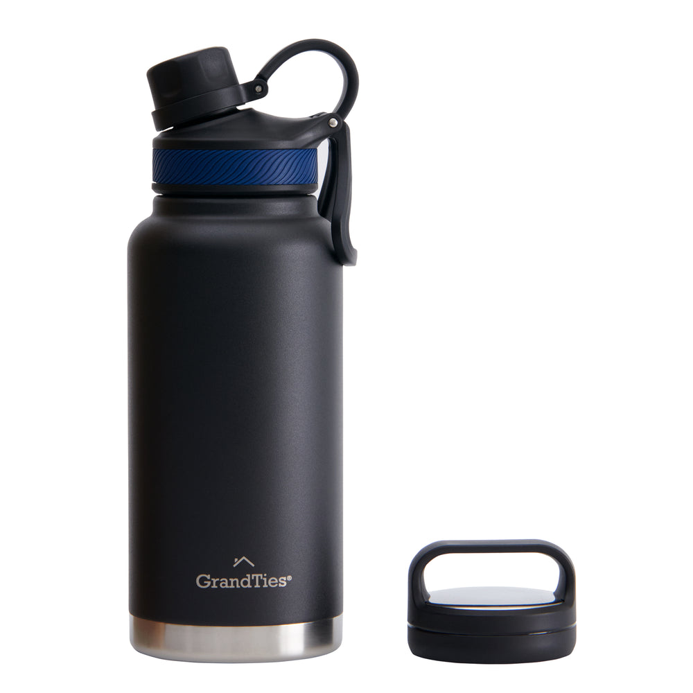 Insulated Travel Water Bottle with Two Stylish Ergonomic Handle Lids 32oz/946ml - Midnight Black - GrandTies