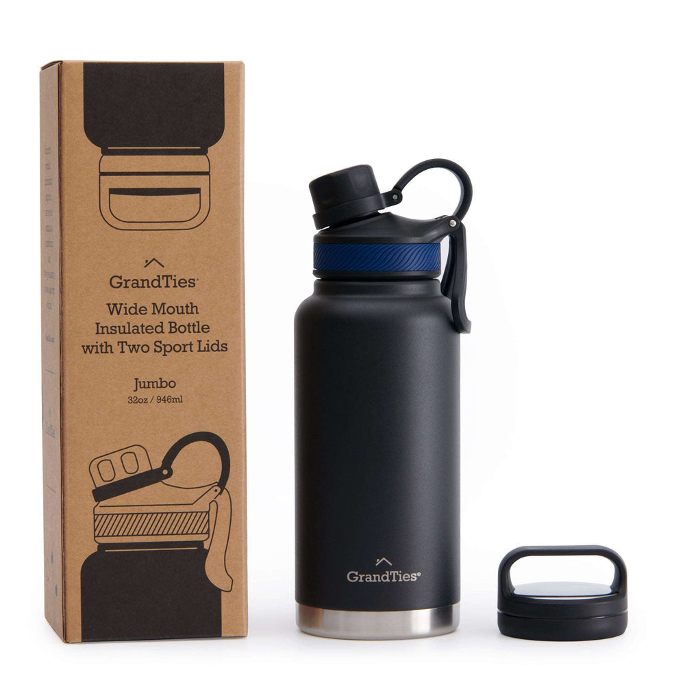 Insulated Travel Water Bottle with Two Stylish Ergonomic Handle Lids 32oz/946ml - Midnight Black - GrandTies