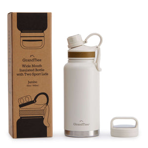 Insulated Travel Water Bottle with Two Stylish Ergonomic Handle Lids 32oz/946ml - Ivory White - GrandTies