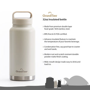 Insulated Travel Water Bottle with Two Stylish Ergonomic Handle Lids 32oz/946ml - Ivory White - GrandTies