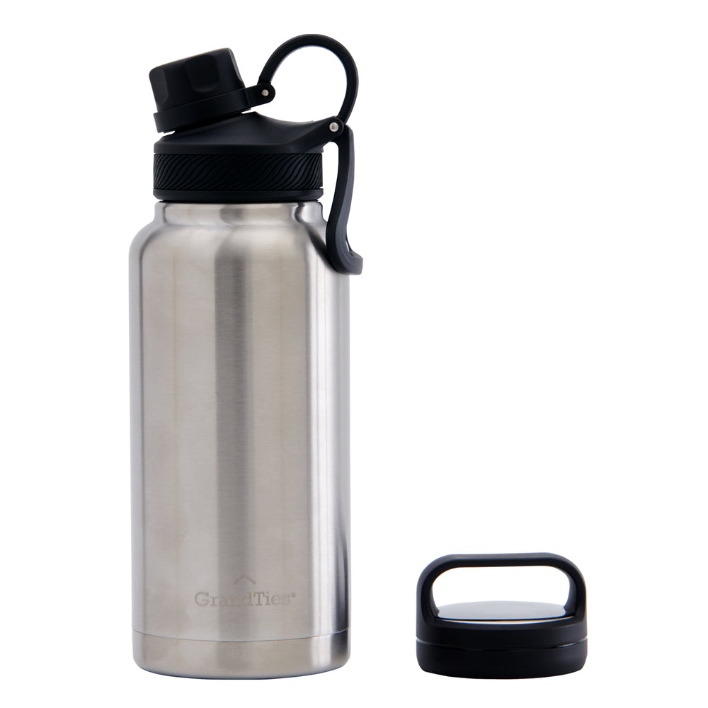 Insulated Travel Water Bottle with Two Stylish Ergonomic Handle Lids 32oz/946ml - Classic Silver - GrandTies