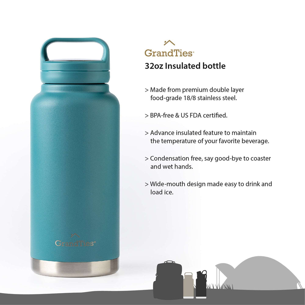 Insulated Travel Water Bottle with Two Stylish Ergonomic Handle Lids 32oz/946ml - Atlantis Blue - Grandties