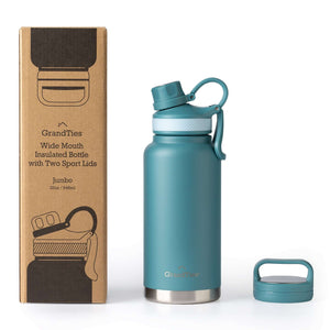 Insulated Travel Water Bottle with Two Stylish Ergonomic Handle Lids 32oz/946ml - Atlantis Blue - Grandties