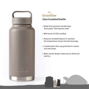 Insulated Travel Water Bottle with Two Stylish Ergonomic Handle Lids 32oz/946ml - Caffè Latte - Grandties