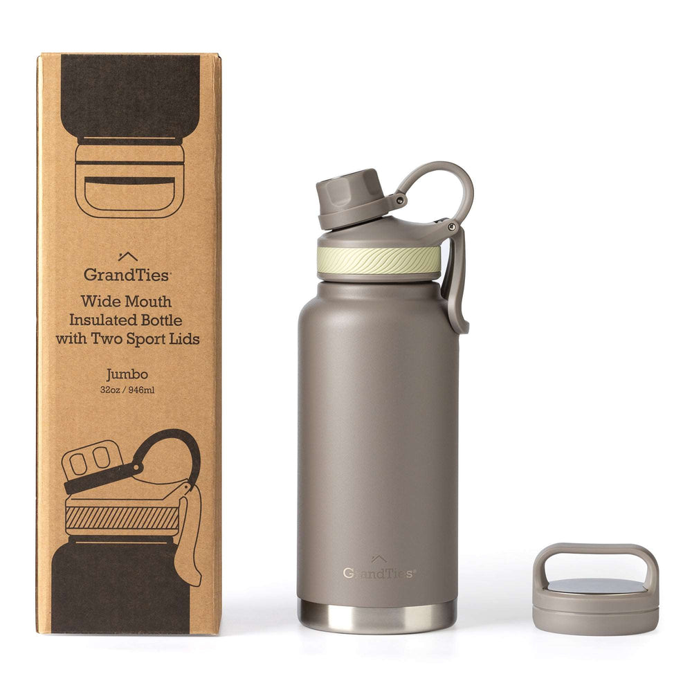 Insulated Travel Water Bottle with Two Stylish Ergonomic Handle Lids 32oz/946ml - Caffè Latte - Grandties