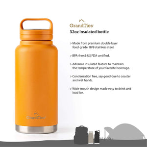 Insulated Travel Water Bottle with Two Stylish Ergonomic Handle Lids 32oz/946ml - Carrot - Grandties