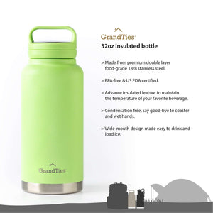 Insulated Travel Water Bottle with Two Stylish Ergonomic Handle Lids 32oz/946ml - Fresh Mint - Grandties