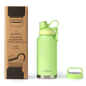 Insulated Travel Water Bottle with Two Stylish Ergonomic Handle Lids 32oz/946ml - Fresh Mint - Grandties