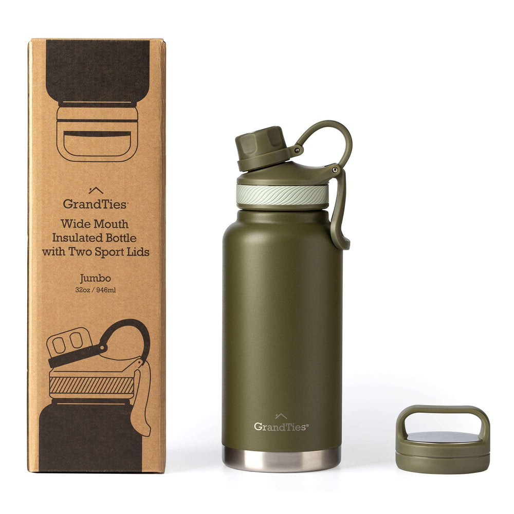 Insulated Travel Water Bottle with Two Stylish Ergonomic Handle Lids 32oz/946ml - Olive Green - Grandties