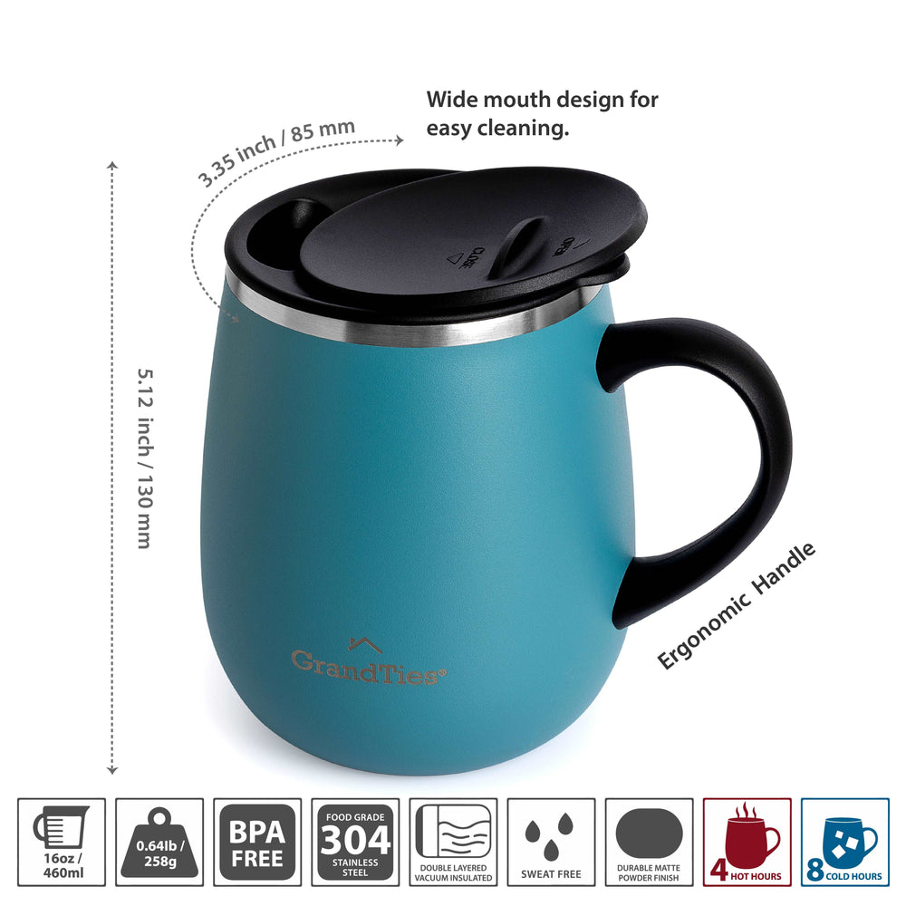 Insulated Coffee Mug with Sliding Lid 16oz/460ml (Grande) - Atlantis Blue - Grandties