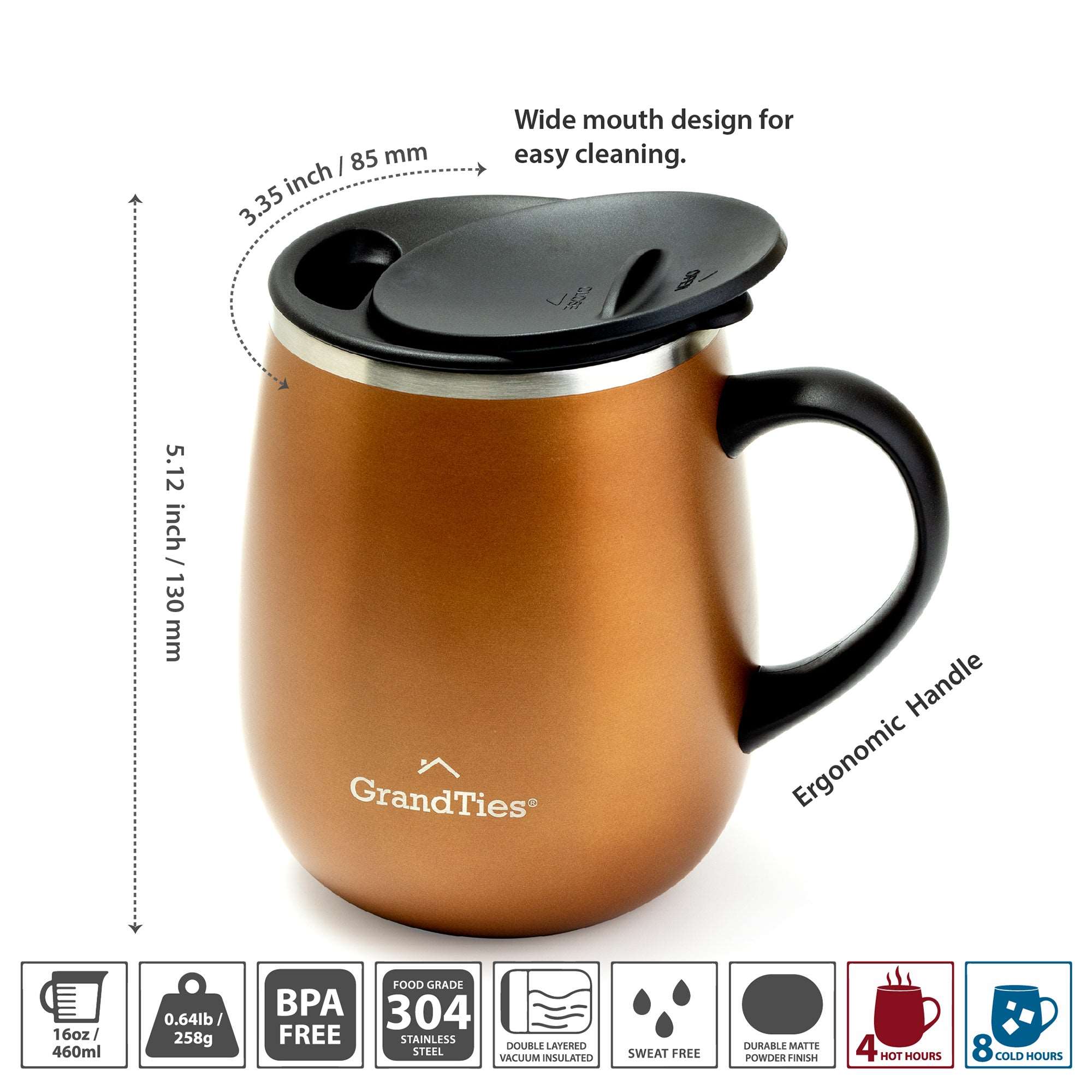 GrandTies | 16oz Insulated Coffee Mug with Sliding Lid | Stylish