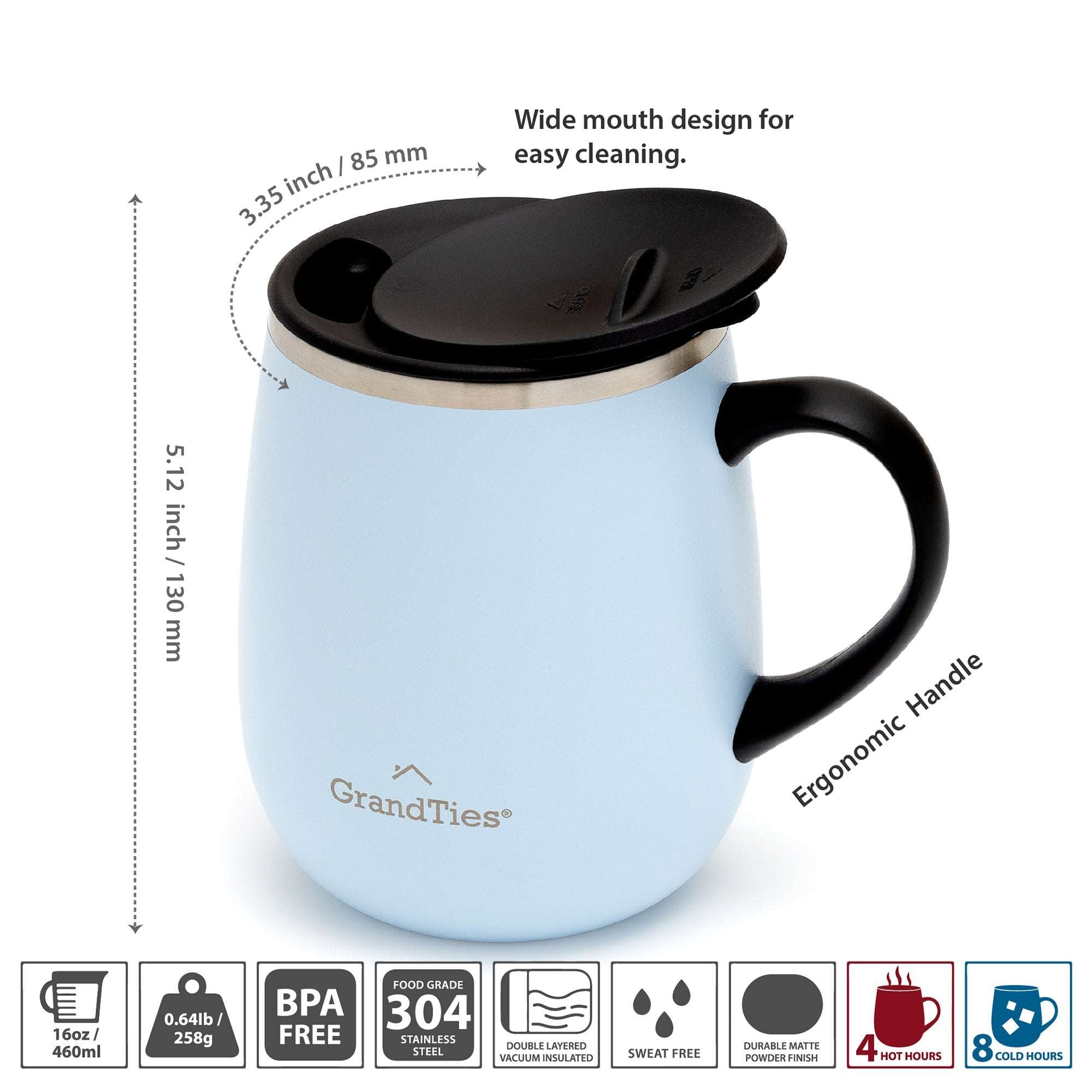 GrandTies | 16oz Insulated Coffee Mug with Sliding Lid | Stylish