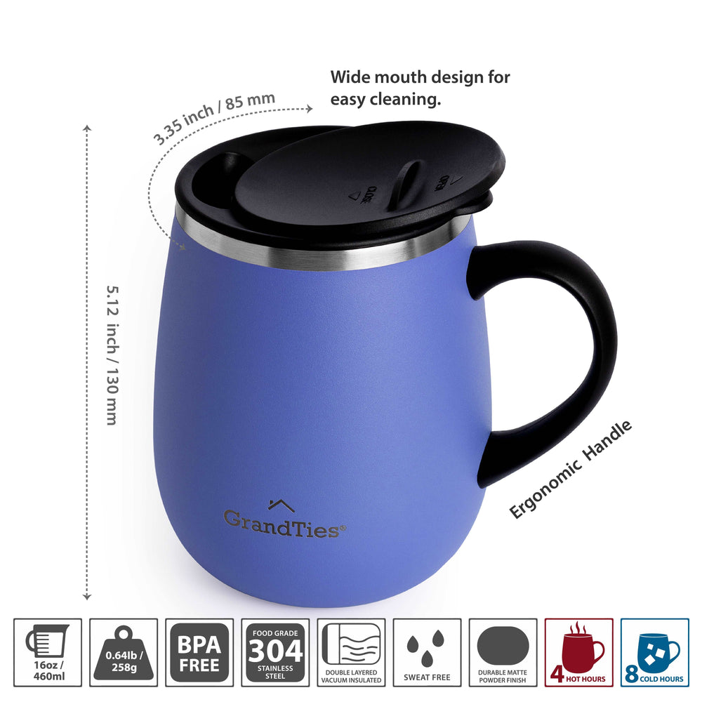 Insulated Coffee Mug with Sliding Lid 16oz/460ml (Grande) - Periwinkle - Grandties