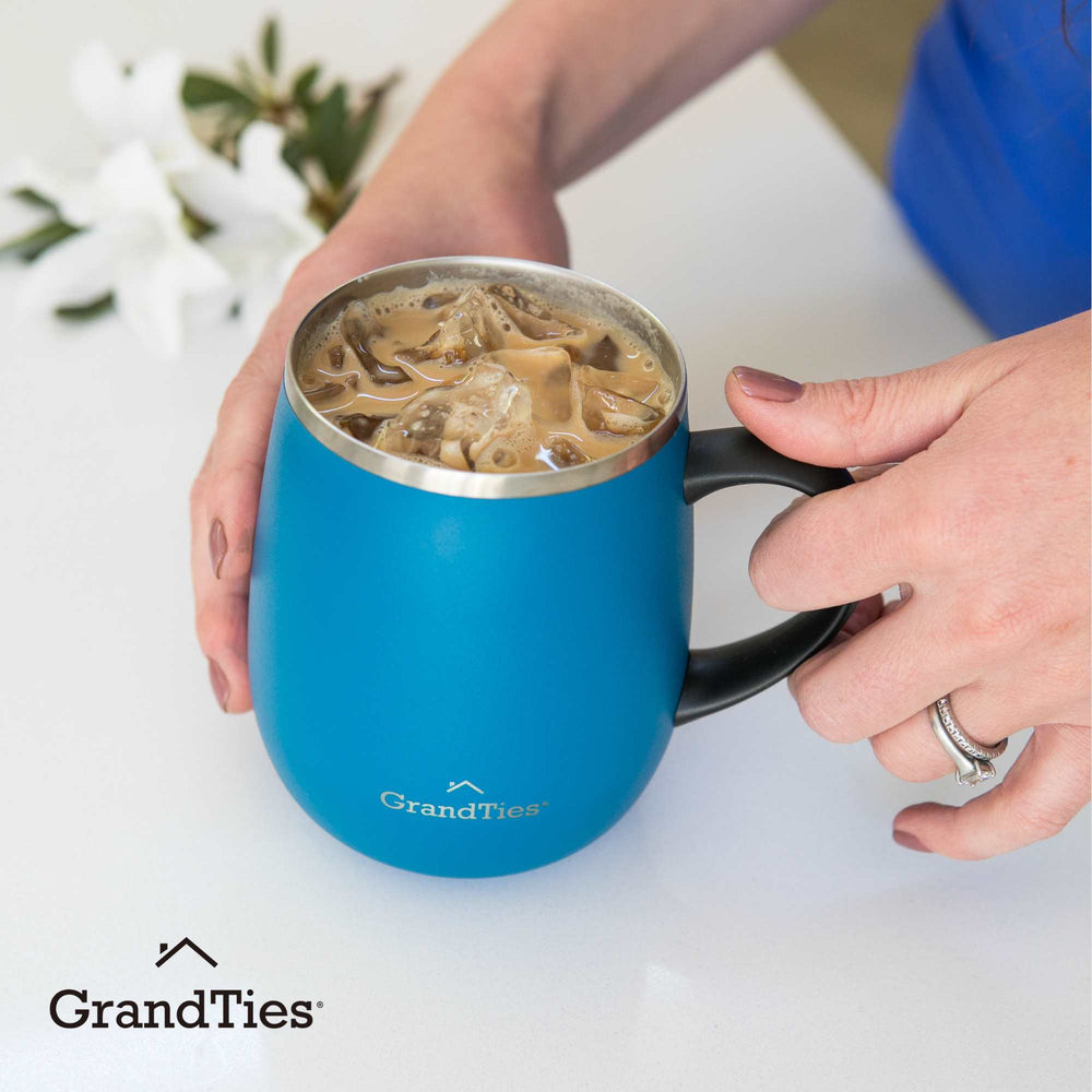 GRANDTIES Insulated Coffee Mug with Handle and Sliding Lid –  16oz Splash-Proof Wine Glass Shape Thermal Tumbler – Double Walled Vacuum  Stainless Steel Keeps Beverages Hot or Cold - Atlantis