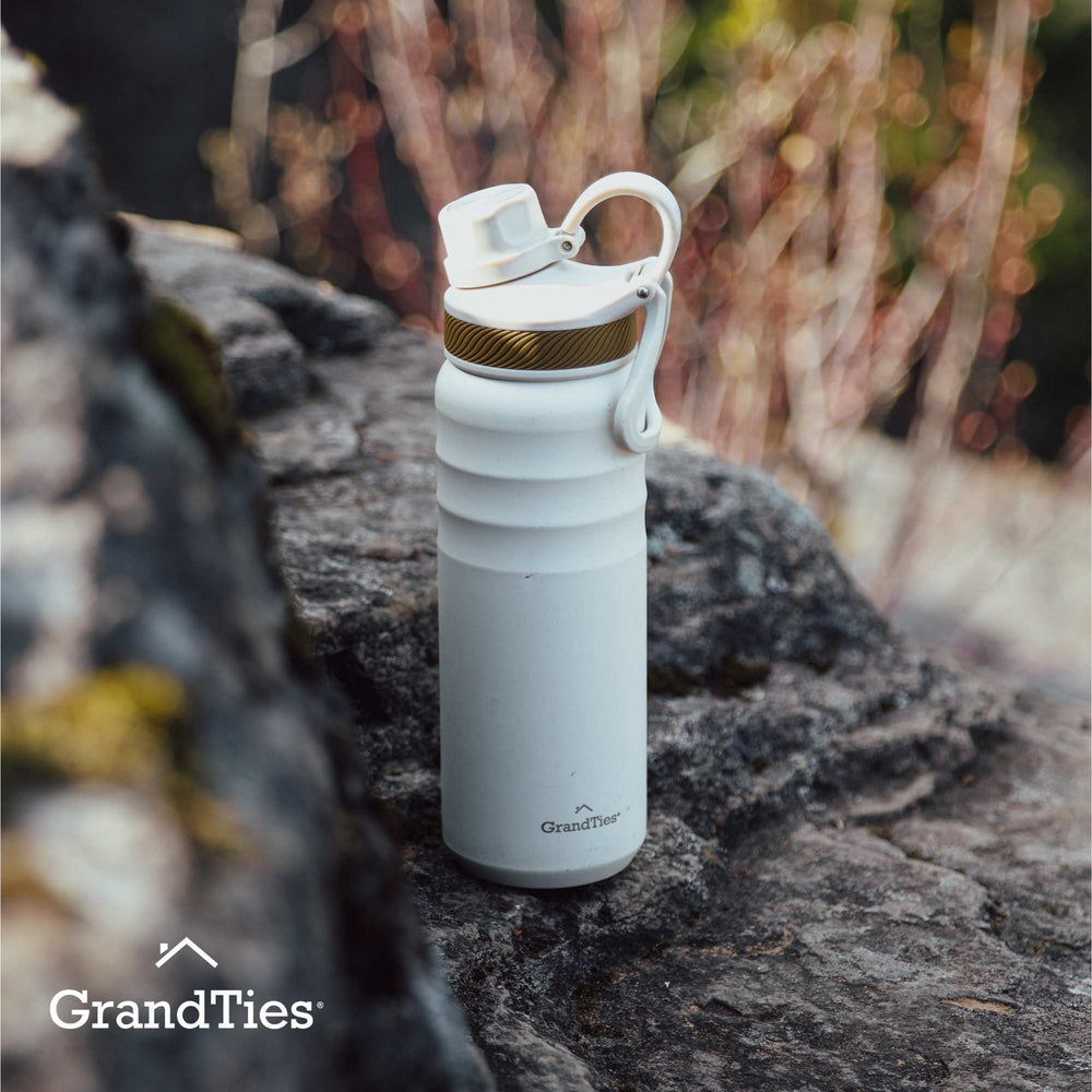 Insulated Travel Water Bottle with Two Stylish Ergonomic Handle Lids 24oz/709ml - Ivory White - Grandties